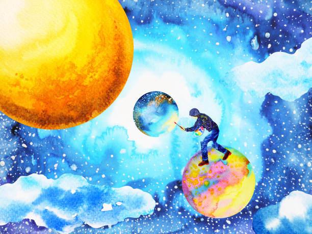 illustrator artist man painting world moon universe abstract watercolor illustration design hand drawn